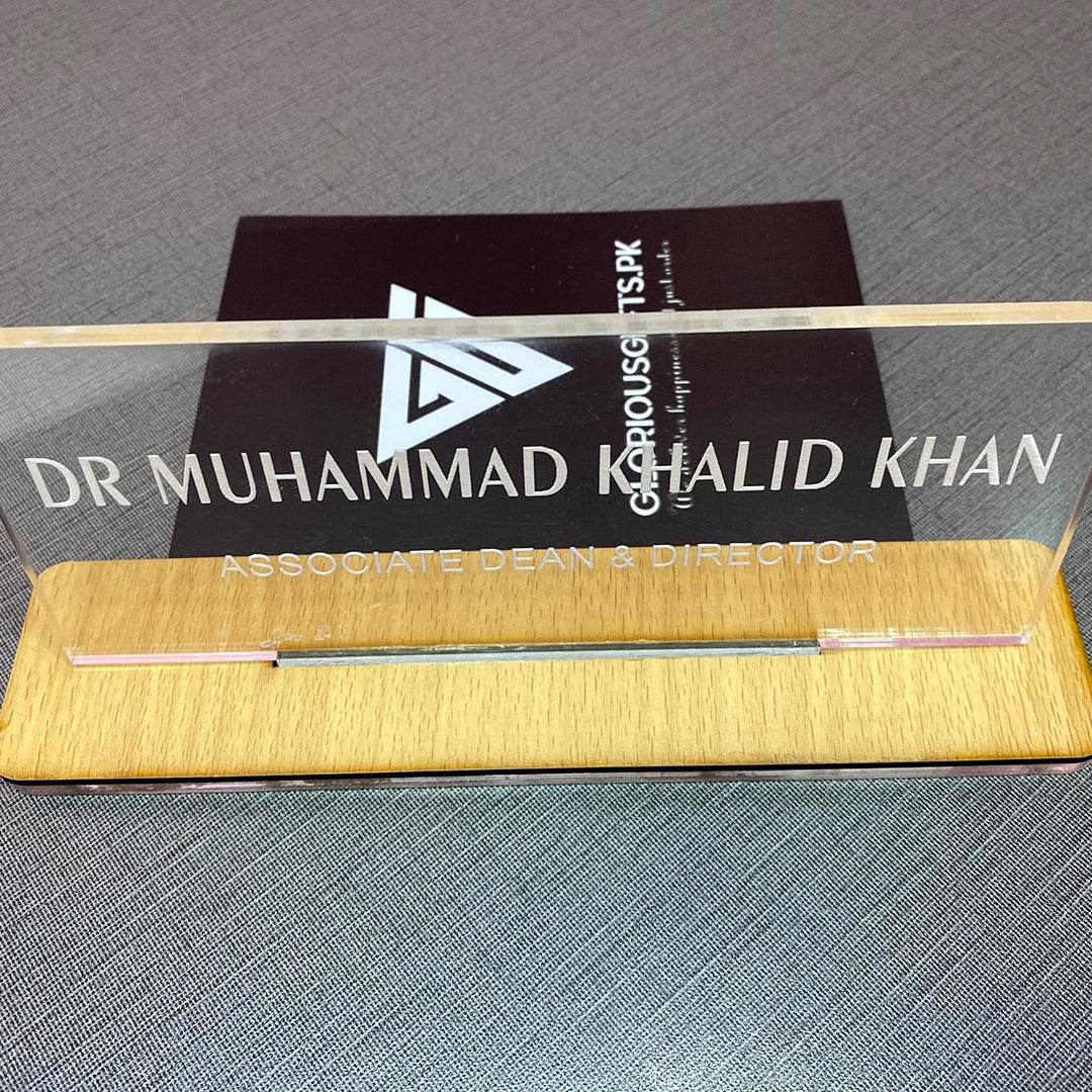 Custom Acrylic Desk Plate with Wood Base | GT003 - GloriousGifts.Pk | Pakistan's 1 Office & Home Decoration Brand