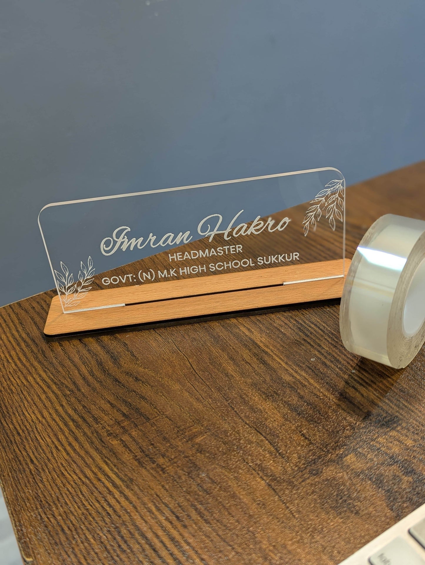 Custom Acrylic Desk Plate with Wood Base | GT003 - GloriousGifts.Pk | Pakistan's 1 Office & Home Decoration Brand