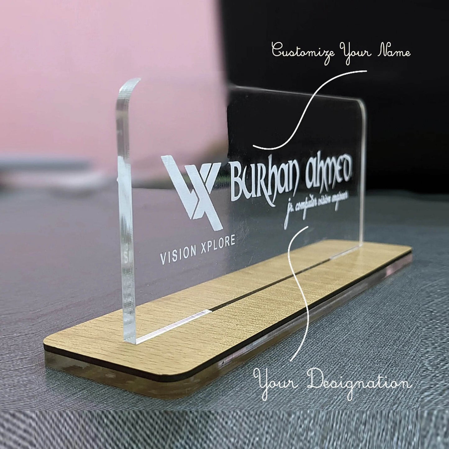 Custom Acrylic Desk Plate with Wood Base | GT003 - GloriousGifts.Pk | Pakistan's 1 Office & Home Decoration Brand