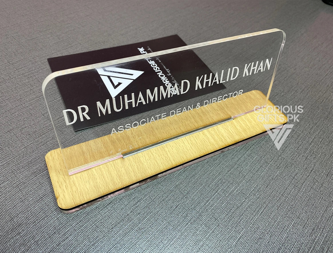Custom Acrylic Desk Plate with Wood Base | GT003
