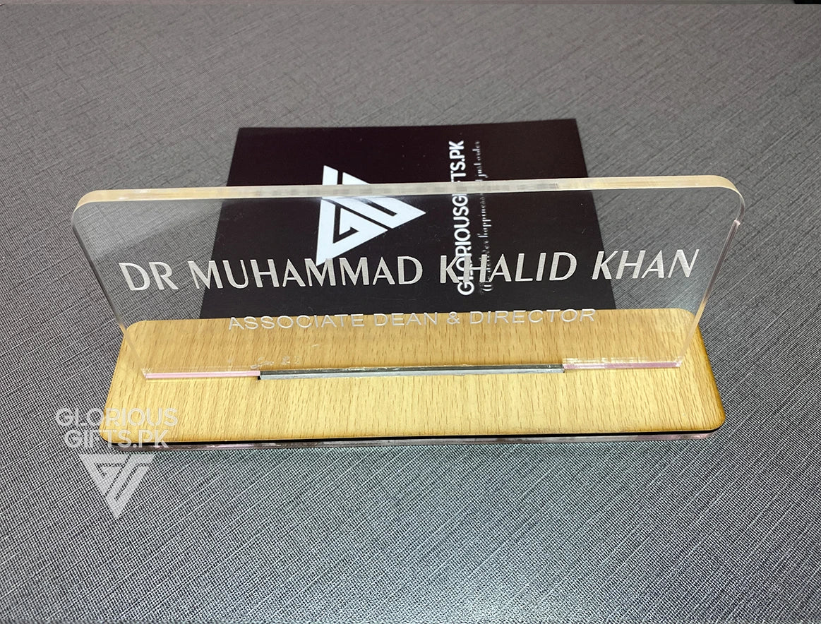 Custom Acrylic Desk Plate with Wood Base | GT003