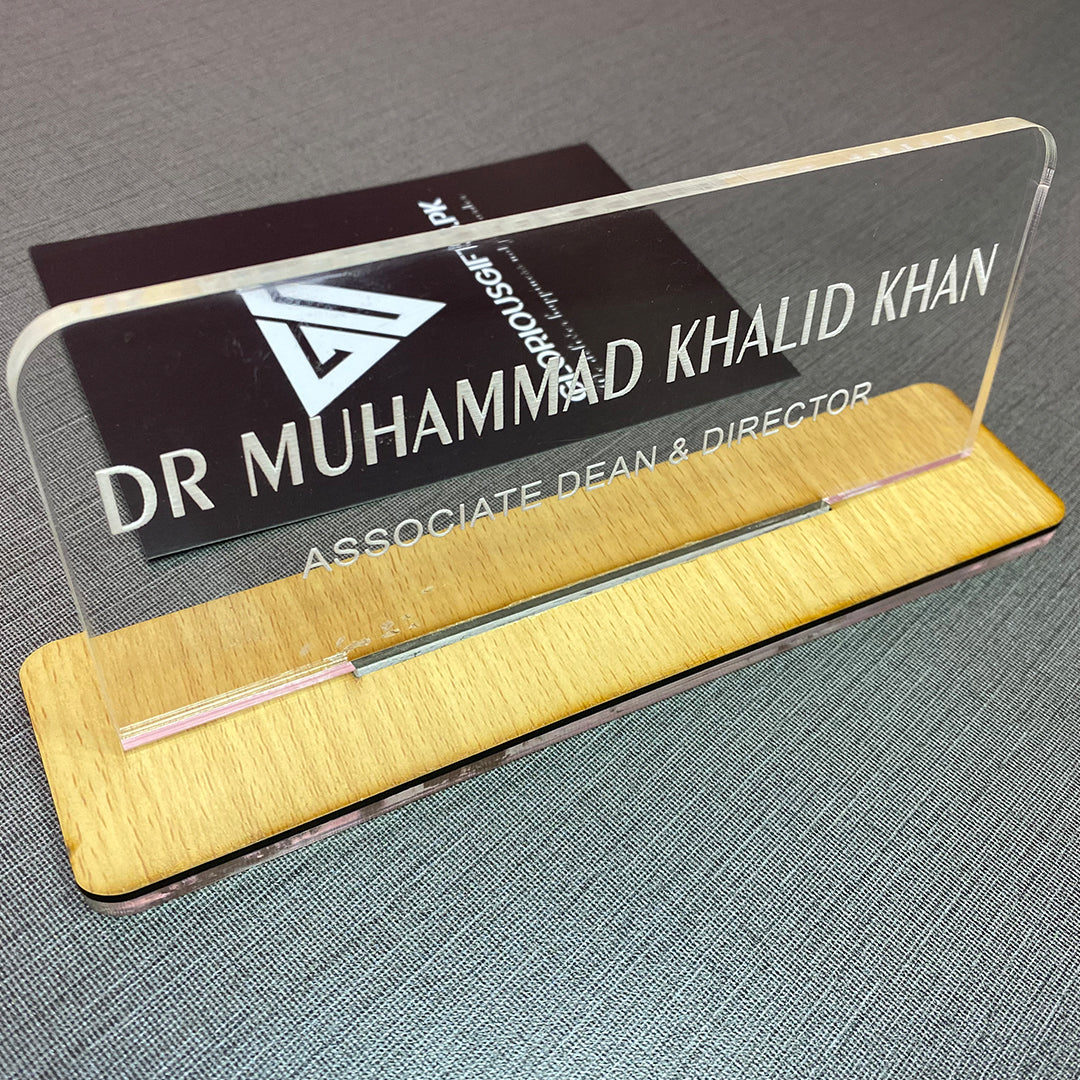 Custom Acrylic Desk Plate with Wood Base | GT003