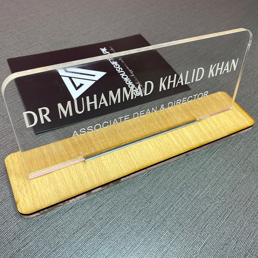 Custom Acrylic Desk Plate with Wood Base | GT003