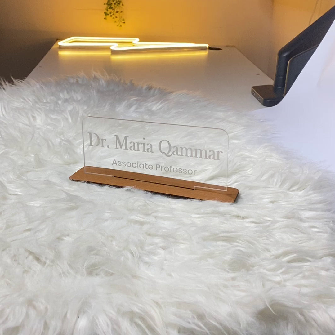 Custom Acrylic Desk Plate with Wood Base | GT003