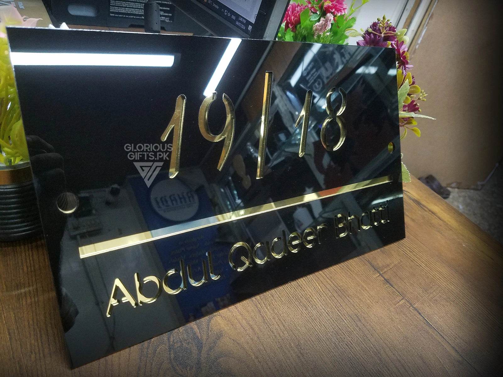 Matte Black & Silver Mirror Name Plate | GN008 - GloriousGifts.Pk | Pakistan's 1 Office & Home Decoration Brand