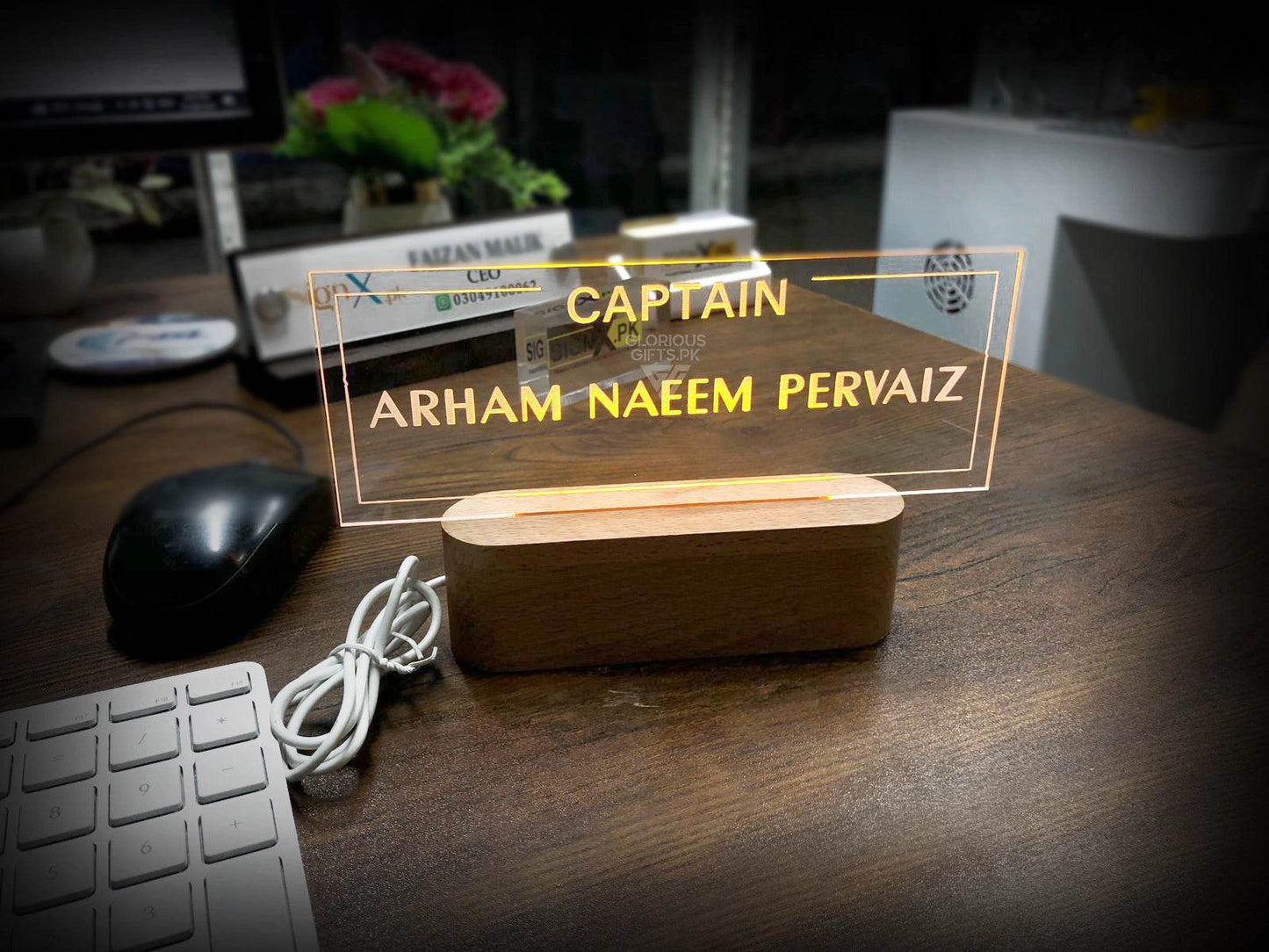Custom Acrylic Desk Sign with USB Light | GT006 - GloriousGifts.Pk | Pakistan's 1 Office & Home Decoration Brand