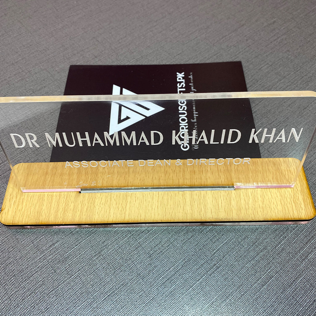 Custom Acrylic Desk Plate with Wood Base | GT003