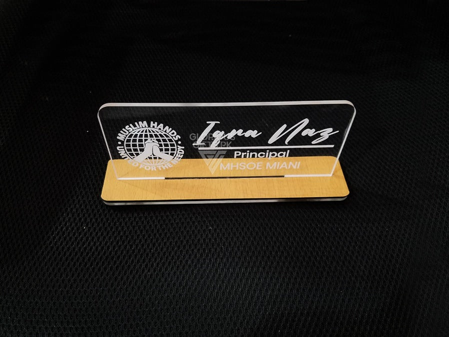 Custom Acrylic Desk Plate with Wood Base | GT003