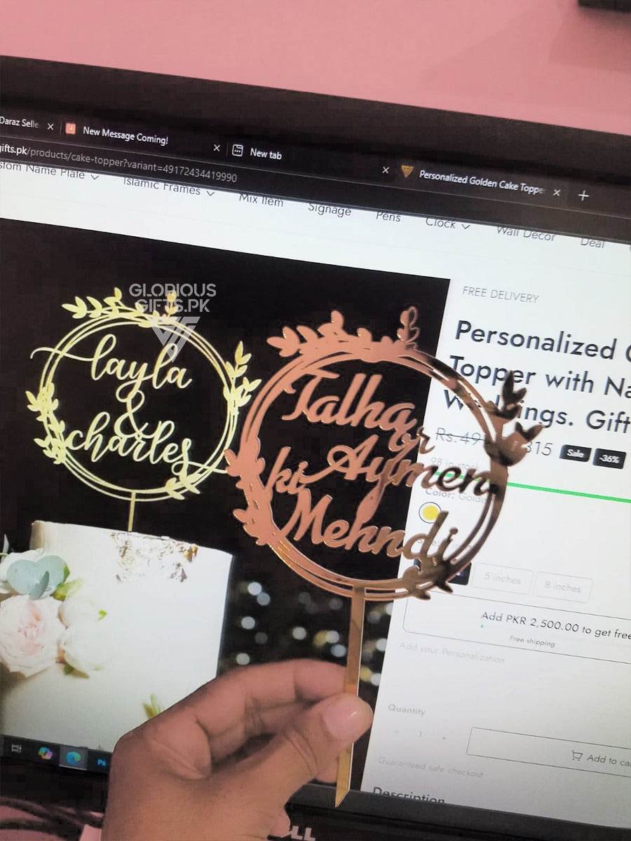 Personalized Golden Wedding Cake Topper  Names Gift |GG001 - GloriousGifts.Pk | Pakistan's 1 Office & Home Decoration Brand
