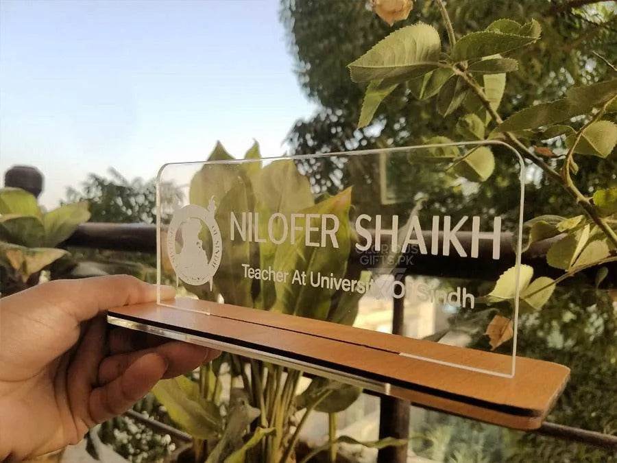 Custom Acrylic Desk Plate with Wood Base | GT003 - GloriousGifts.Pk | Pakistan's 1 Office & Home Decoration Brand