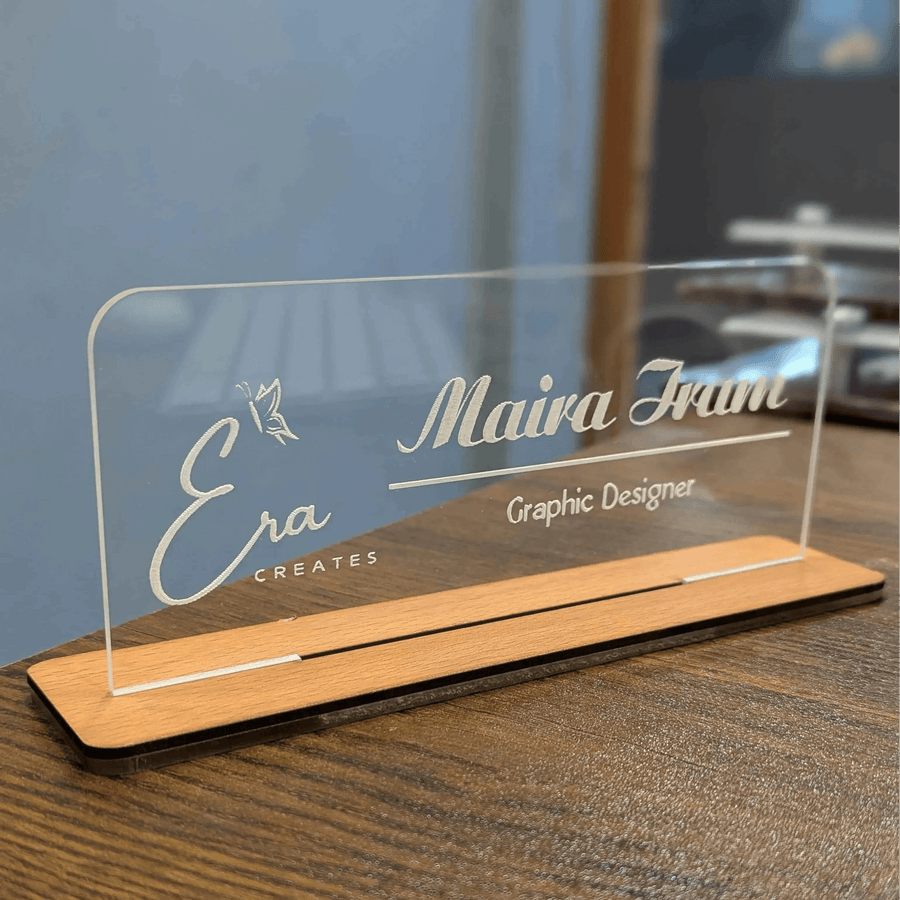 Custom Acrylic Desk Plate with Wood Base | GT003