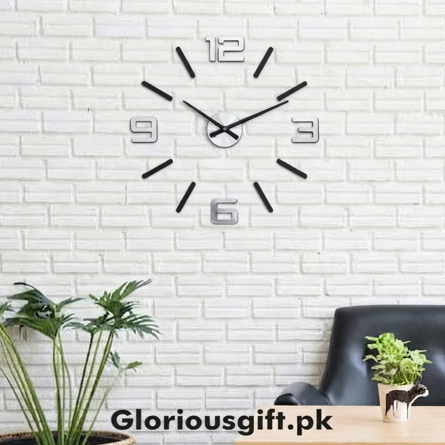 Large Black & Mirror Wall Clock Silver Accents | GC020 - GloriousGifts.Pk | Pakistan's 1 Office & Home Decoration Brand