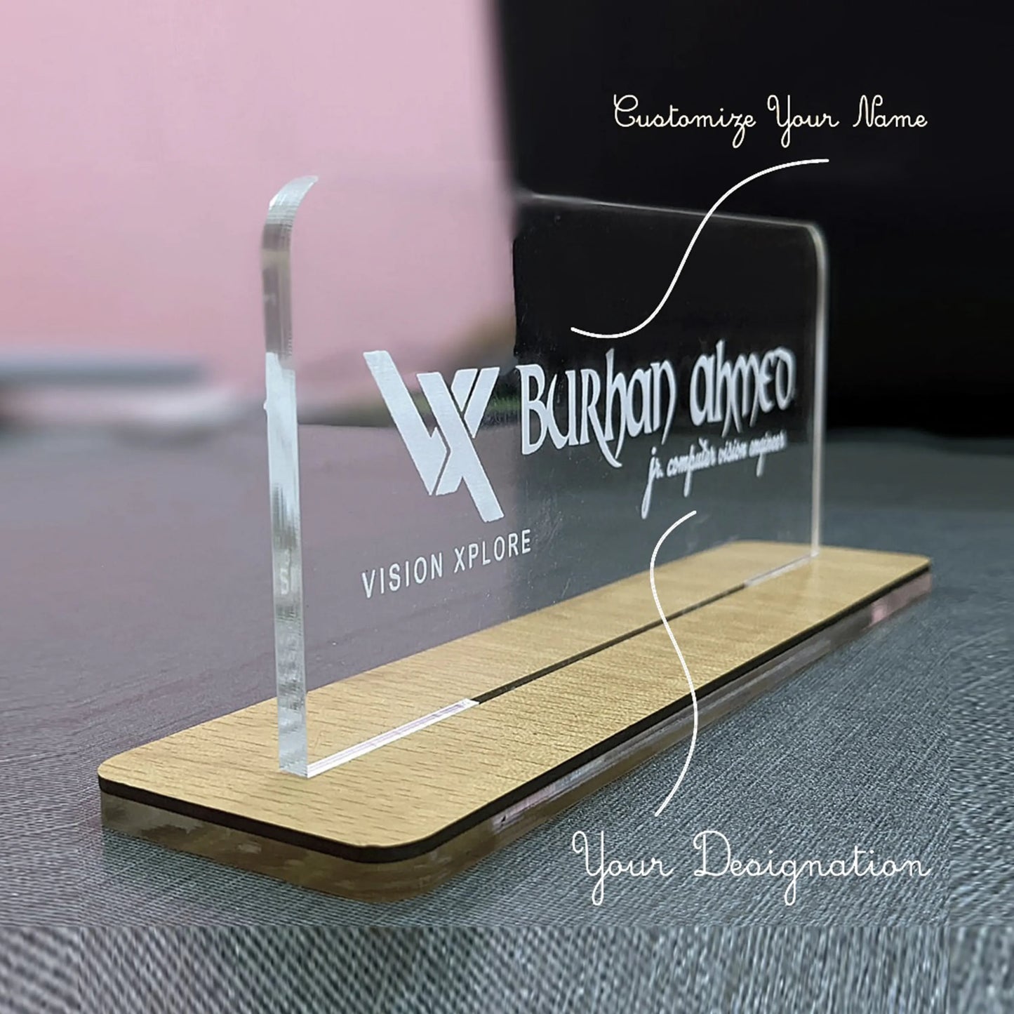 Custom Acrylic Desk Plate with Wood Base | GT003