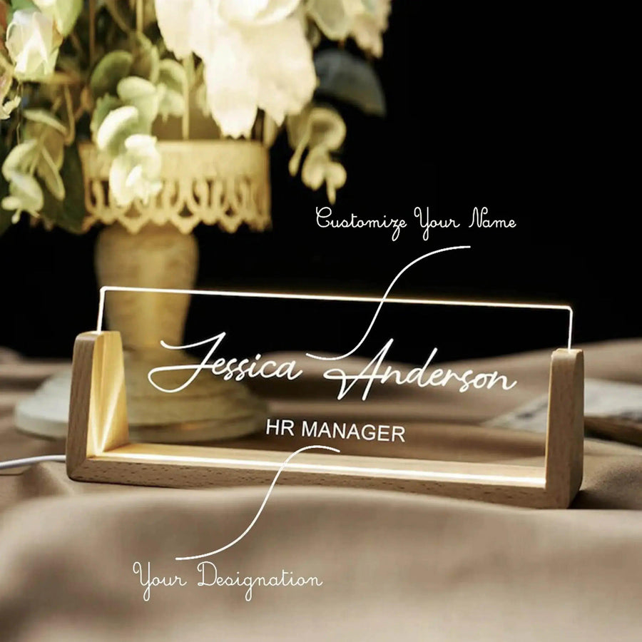 GloriousGifts | Personalized Engraved Wood Desk Name Plate with LED Light GT008