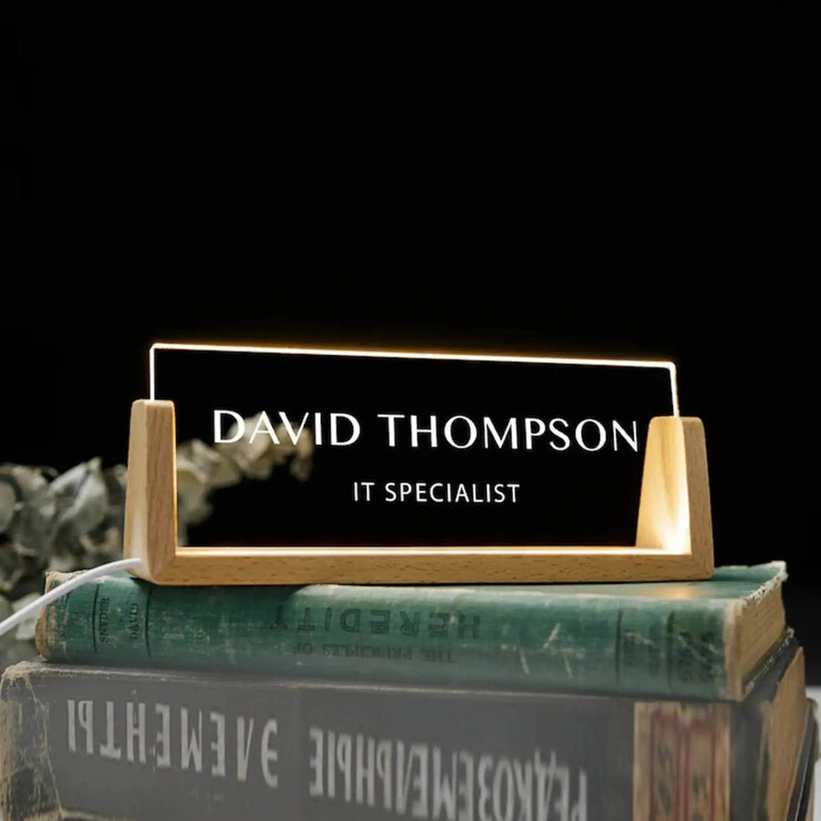 GloriousGifts | Personalized Engraved Wood Desk Name Plate with LED Light GT008